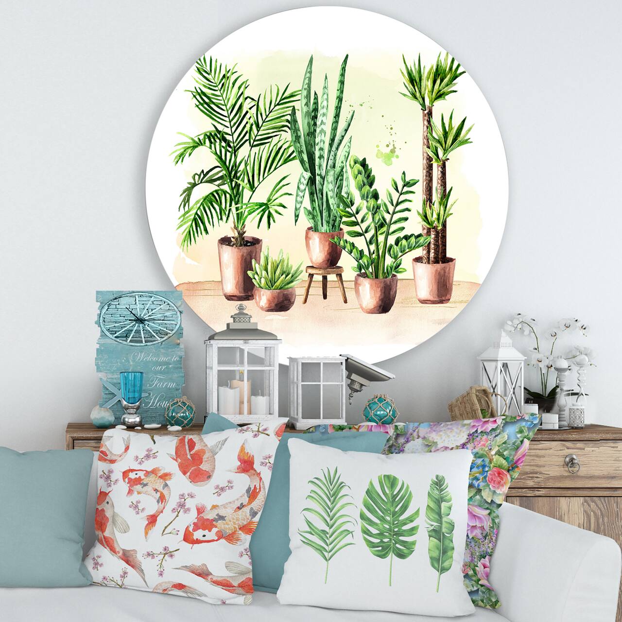 Designart - Indoor Green Home House Plants I - Traditional Metal Circle Wall Art